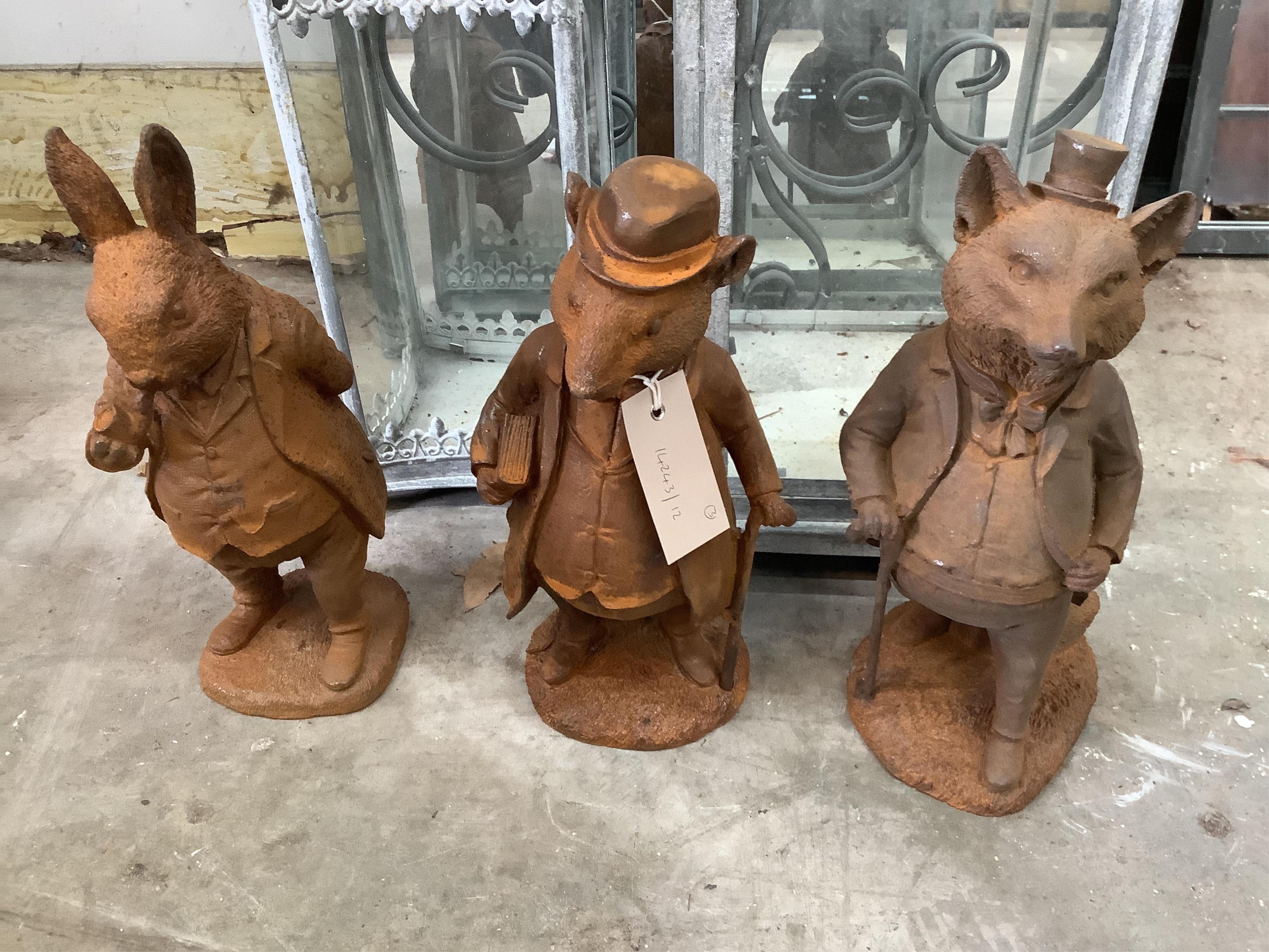 Three cast iron animal garden ornaments, largest height 28cm. Condition - good
